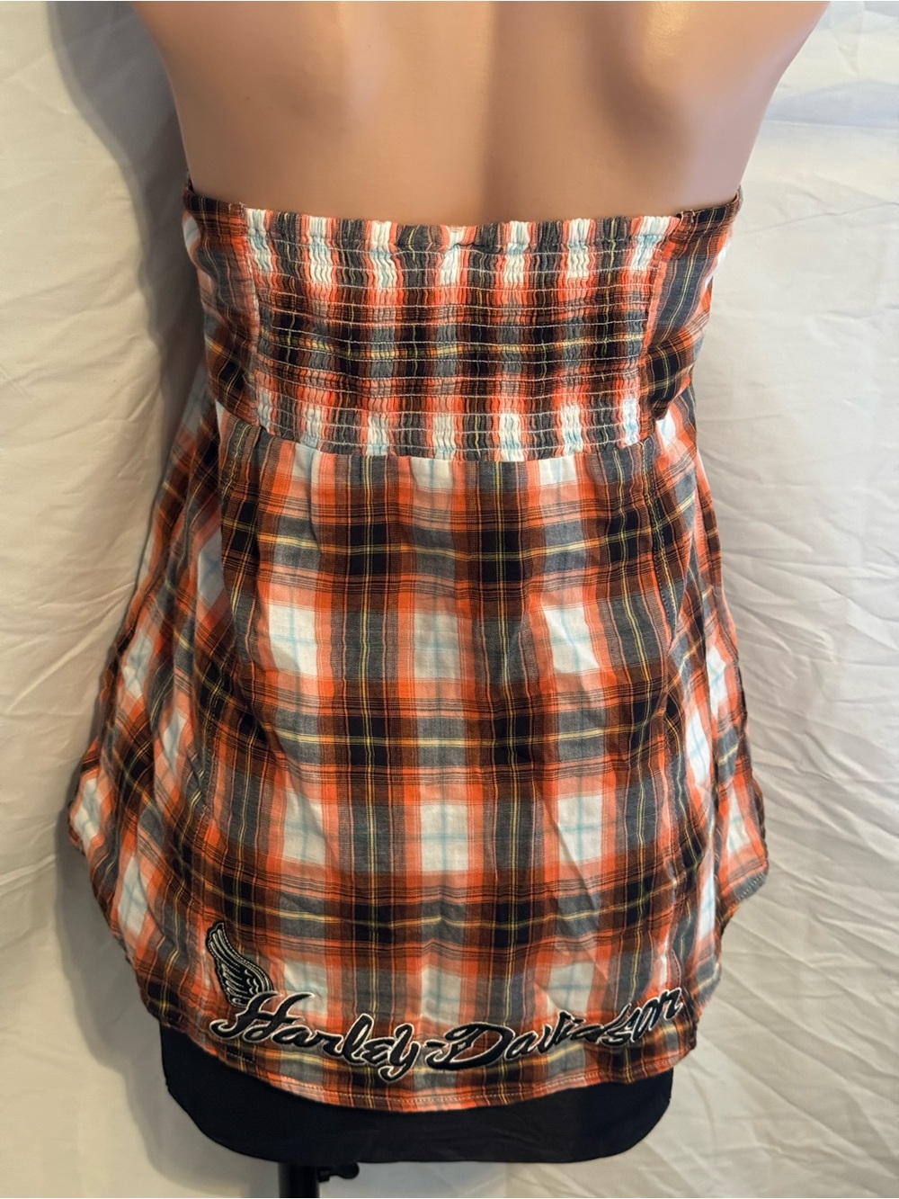 Harley Davidson Sexy Strapless Orange Plaid Tie-Front Top - Picture 4 of 6